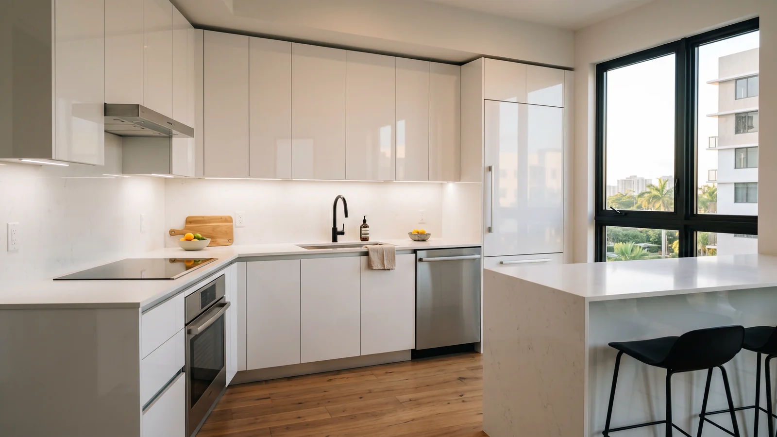 Cocina de unidad modelo multifamiliar en Doral con gabinetes de puerta plana blanca brillante hasta el techo, cuarzo, griferías negro matte, LED bajo mueble, piso engineered, luz cálida de tarde
