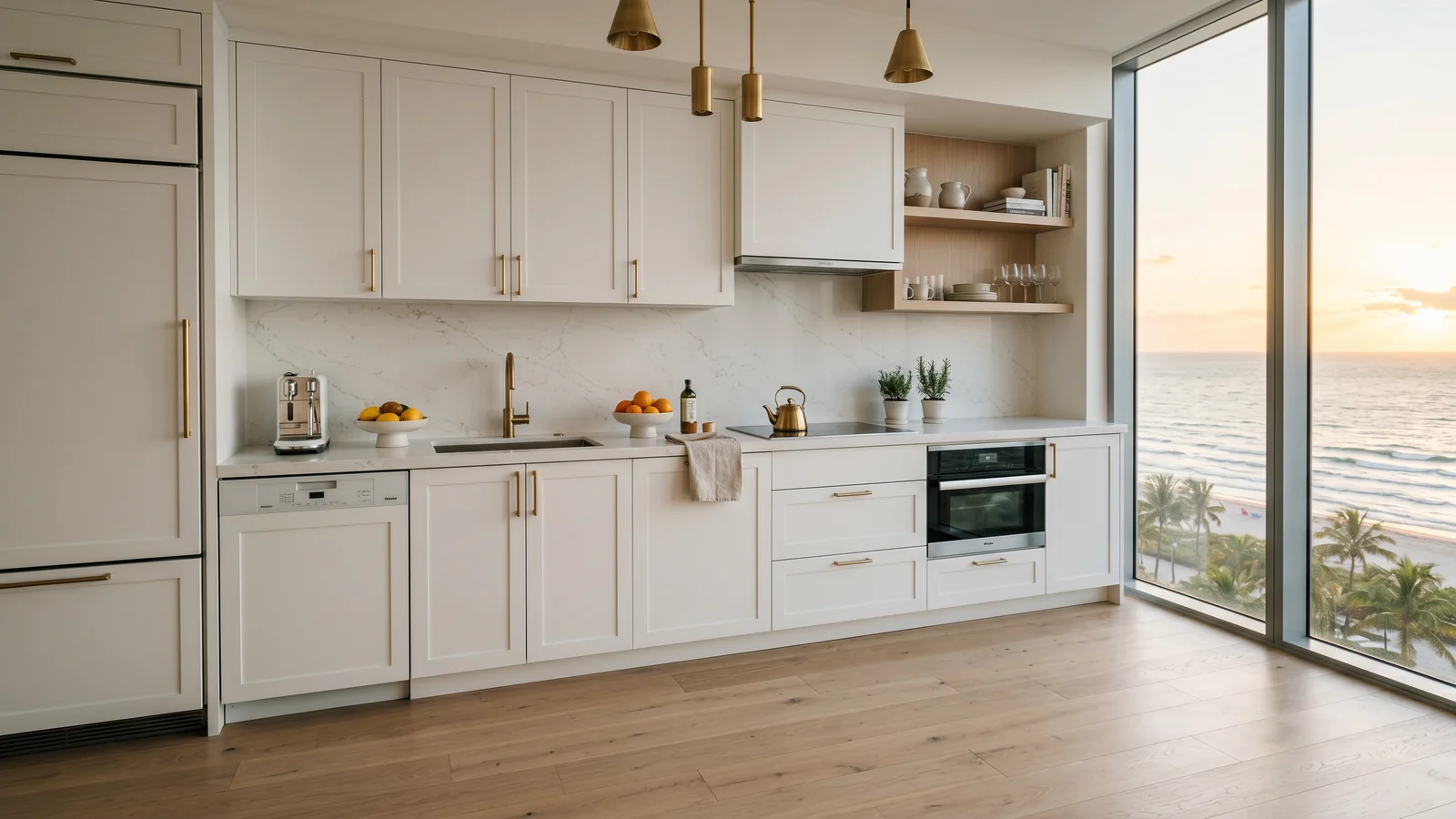 Cocina privada de suite boutique en Miami Beach con gabinetes shaker blancos a medida, electrodomésticos integrados, cuarzo blanco, herrajes de bronce cepillado, piso de roble blanco tablón ancho, ventana con vista al océano en luz dorada