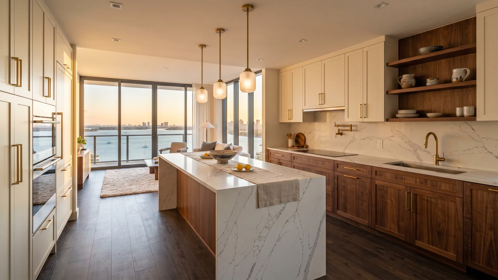 Cocina de lujo planta abierta en torre de Brickell con gabinetes a medida dos tonos — upper crema y lower en nogal cálido — isla cuarzo waterfall, tiradores de bronce, iluminación colgante, vista a la bahía en luz dorada