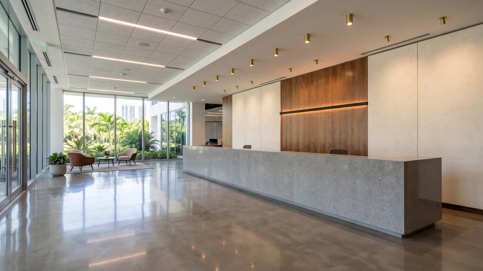 Corporate headquarters reception in Aventura with a long continuous polished concrete-gray quartz desk and mitered front, cream and walnut feature wall behind, brass accent lighting, polished concrete floor