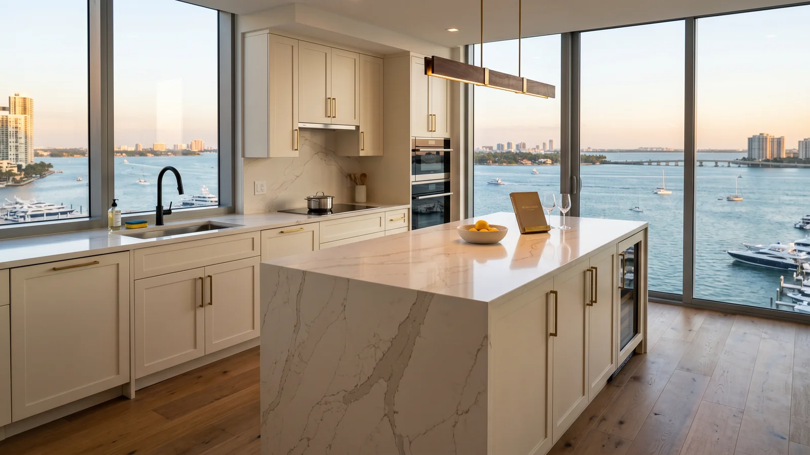 Luxury waterfront condo kitchen island in Brickell with Italian-look Spanish quartz waterfall edge, Calacatta-style veining, soft-cream shaker cabinets, brass pulls, walnut and brass pendant, Biscayne Bay at golden hour