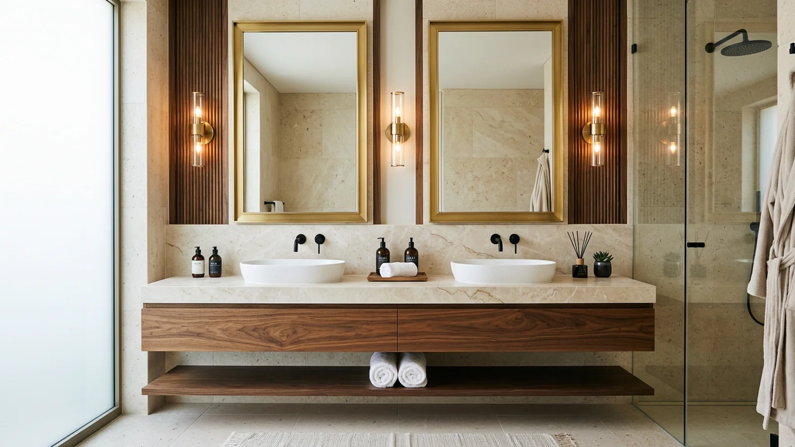 Luxury hotel spa bathroom in Coral Gables with cream stone-look quartz countertop on a walnut floating double vanity, two oval white vessel sinks, matte black wall-mounted faucets, twin gold-framed mirrors, brass sconces, walnut slat wall panel and glass shower enclosure
