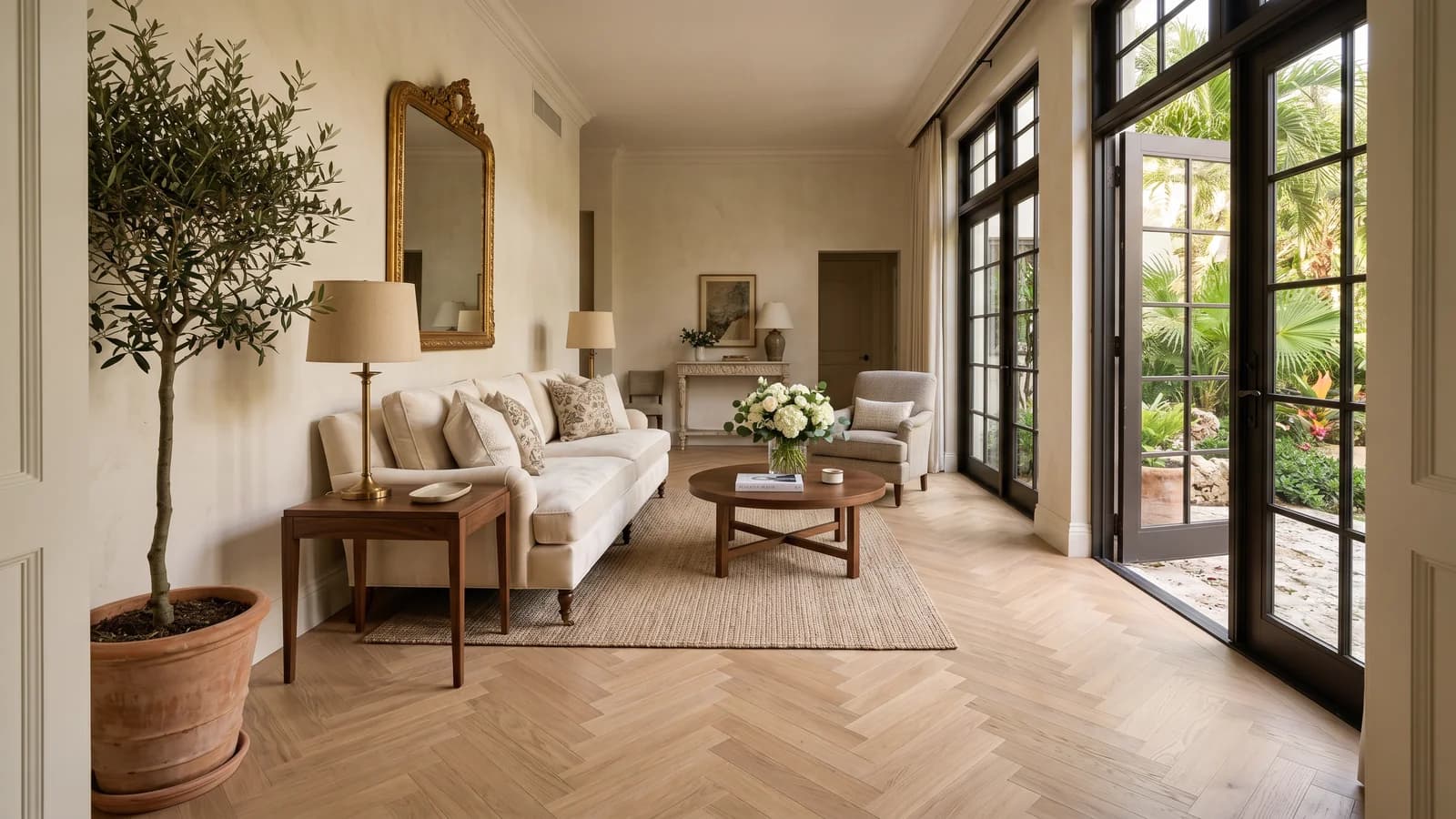 Sala de suite hotel boutique en Coral Gables con piso engineered roble blanco europeo en patrón espiga, sofá de terciopelo crema, lámpara de bronce, espejo con marco dorado, ventanas francesas a jardín tropical