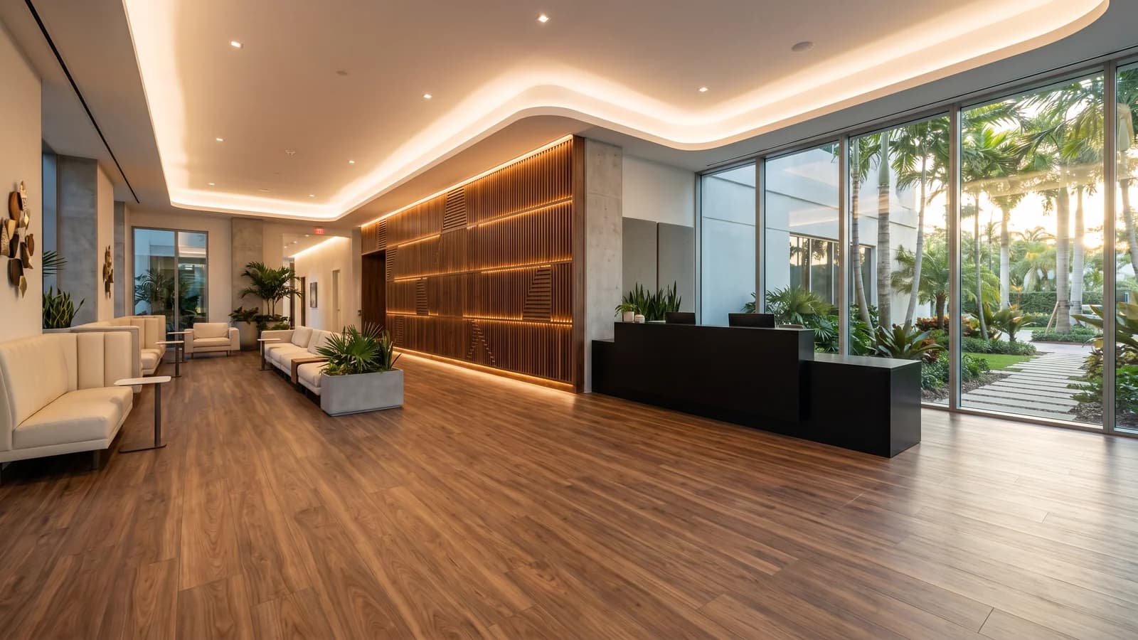Lobby corporativo en Aventura con piso LVP/SPC tono nogal, bancos crema, pared decorativa retroiluminada, recepción negra mate, vista a patio con palmeras