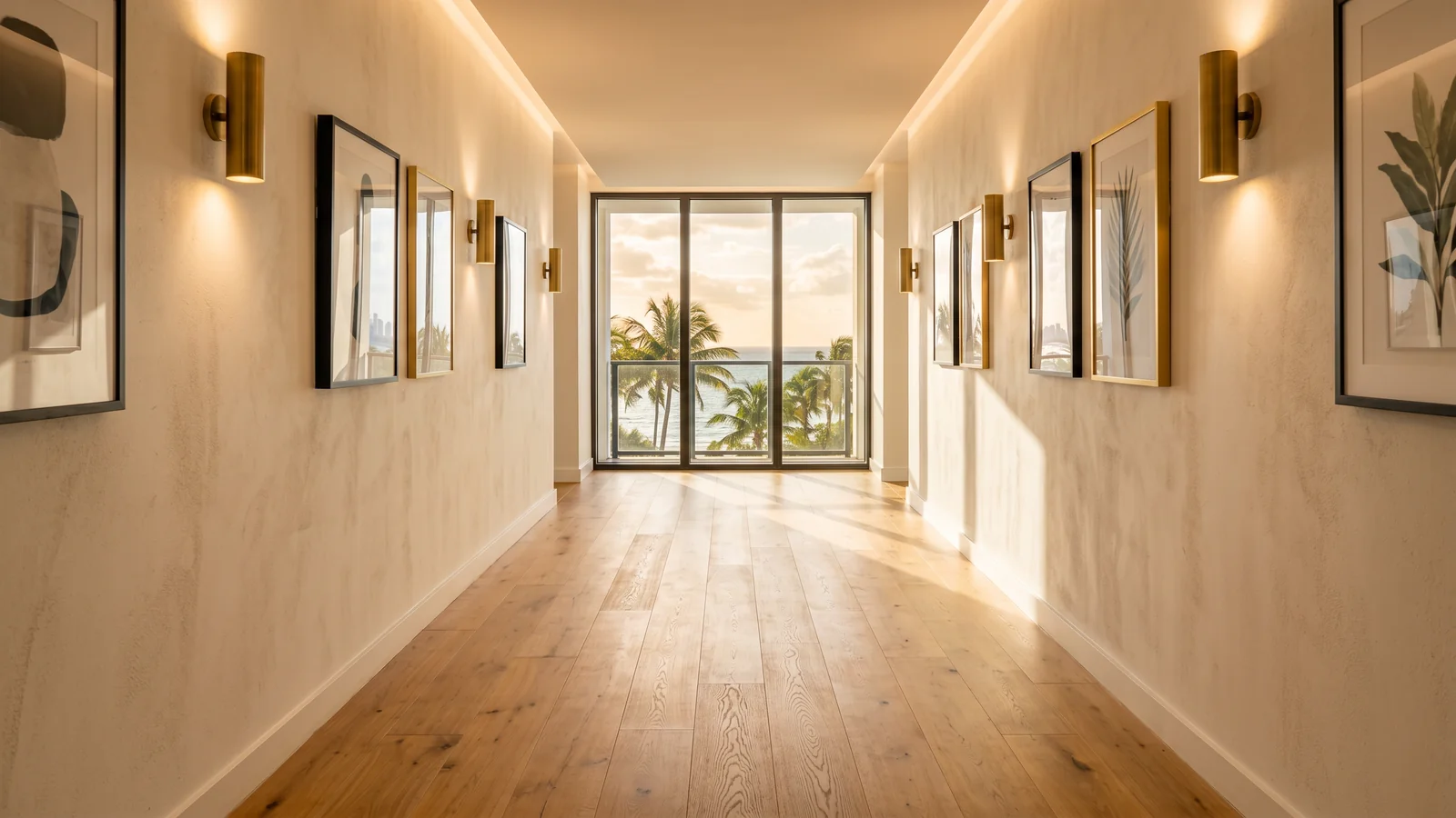 Pasillo de hotel boutique en Miami Beach con piso de madera engineered tablón ancho tono miel, candelabros de bronce, arte enmarcado en paredes crema, luz dorada al fondo con vista a palmeras