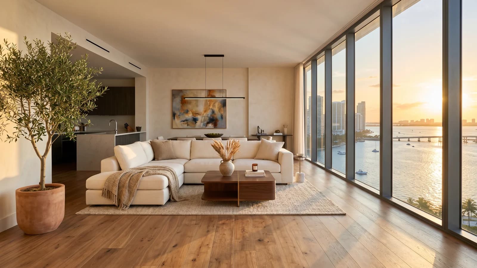 Sala de estar de planta abierta en una torre de Brickell con piso engineered Vietnamita de acacia, sofá seccional crema, olivo en macetero, ventanas con vista a la bahía en luz dorada