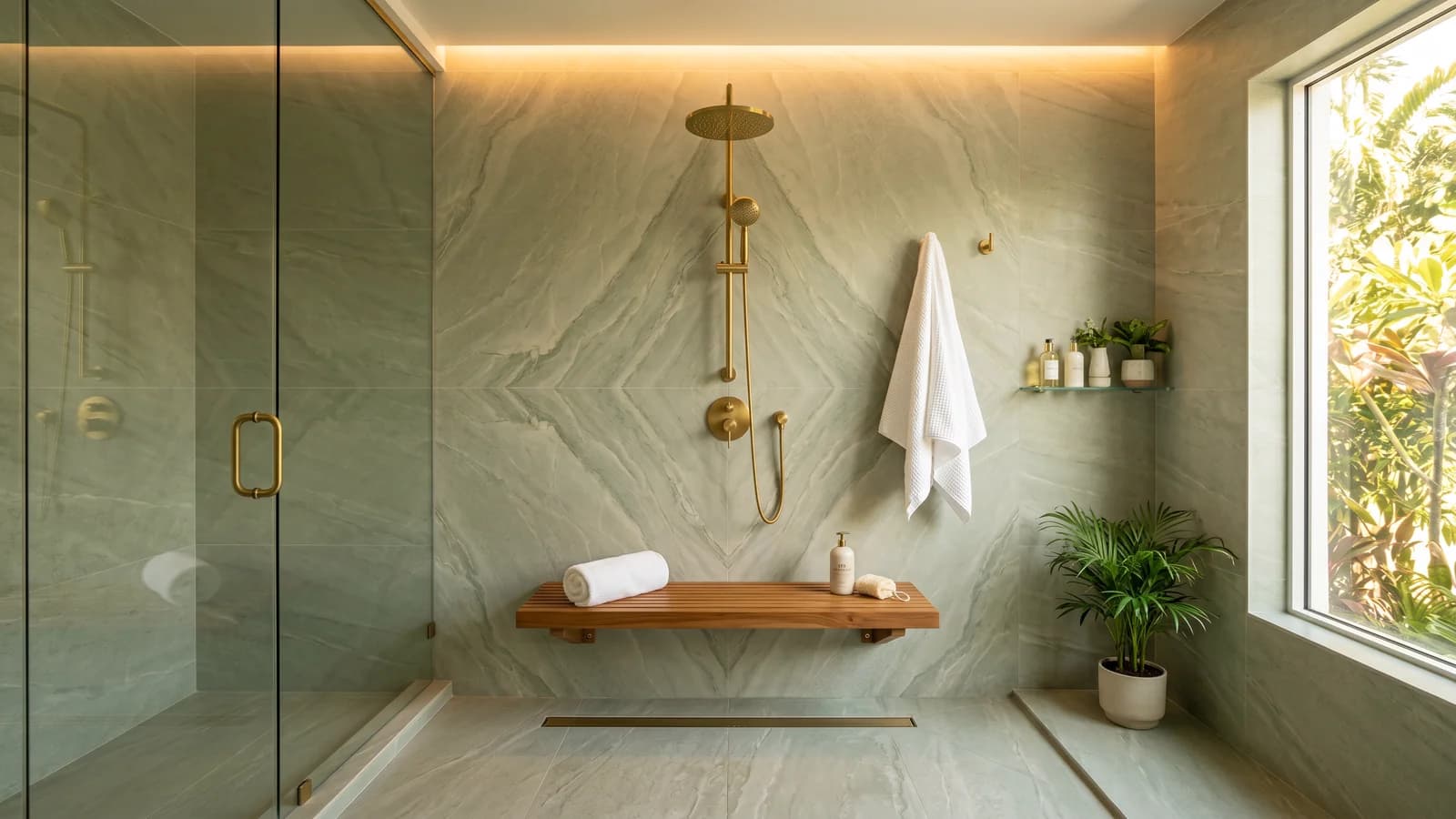 Wet room de spa de hotel boutique en Coral Gables con porcelanato italiano look piedra verde salvia de piso a techo, losas simétricas, ducha lluvia de bronce pulido, banco de teca, tira de luz indirecta en techo