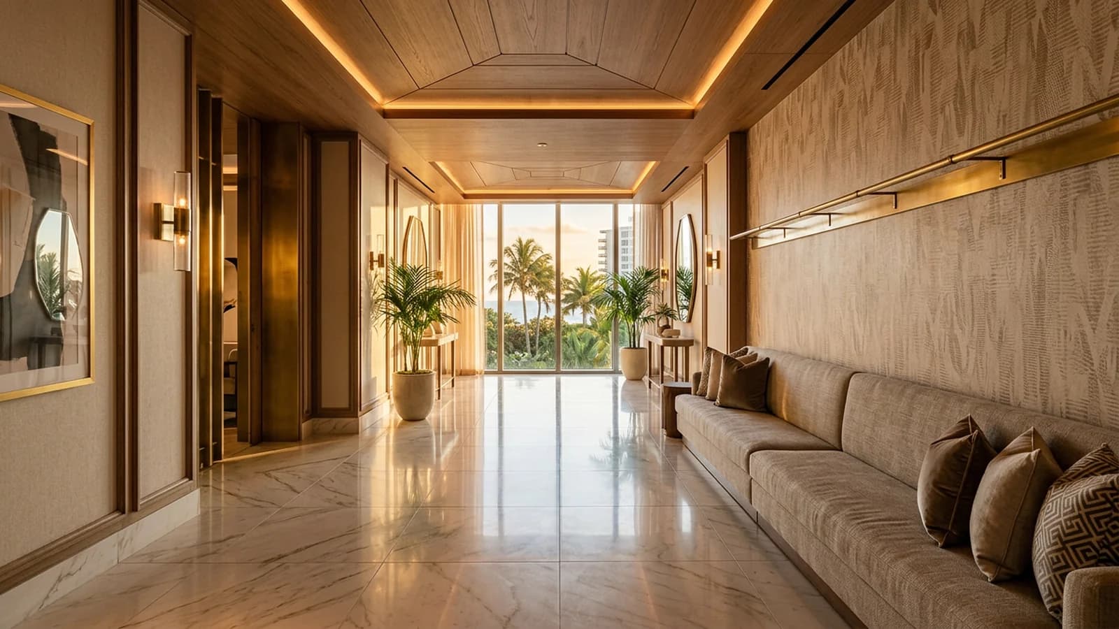 Pasillo de lobby hotelero en Miami Beach con porcelanato italiano de gran formato look mármol, superficie pulida rectificada 120x120, techo de chapa de madera, barral de bronce y banco de lino, luz dorada por ventanales