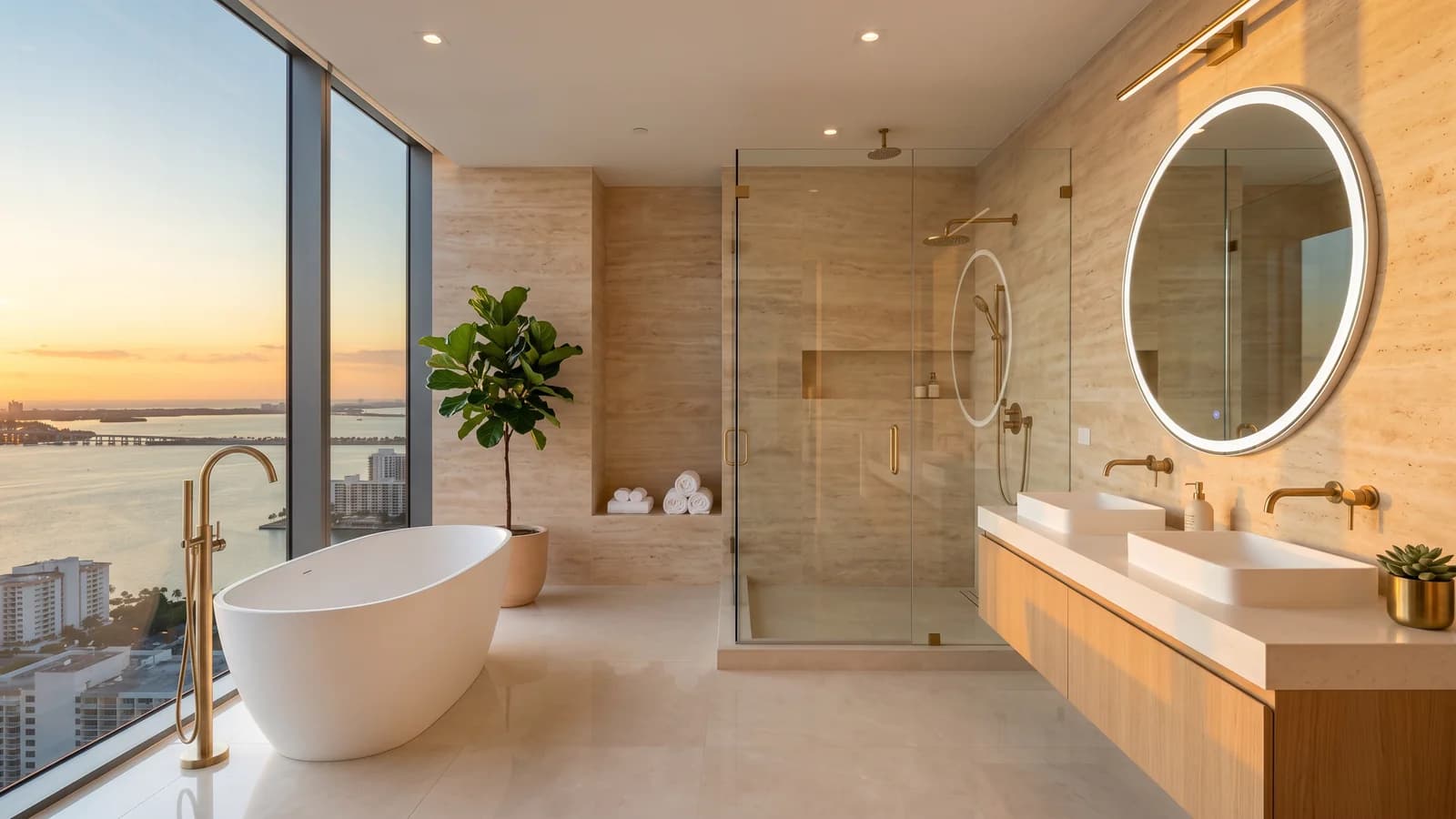 Baño principal de lujo en Brickell con porcelanato español gran formato look travertino cálido de piso a techo, bañera blanca matte exenta, griferías de bronce cepillado, ducha de vidrio sin marco, vista a la bahía en luz dorada