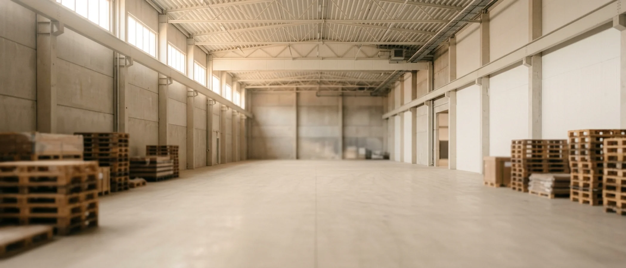 Interior de almacén con pallets a los lados, luz ambiente crema
