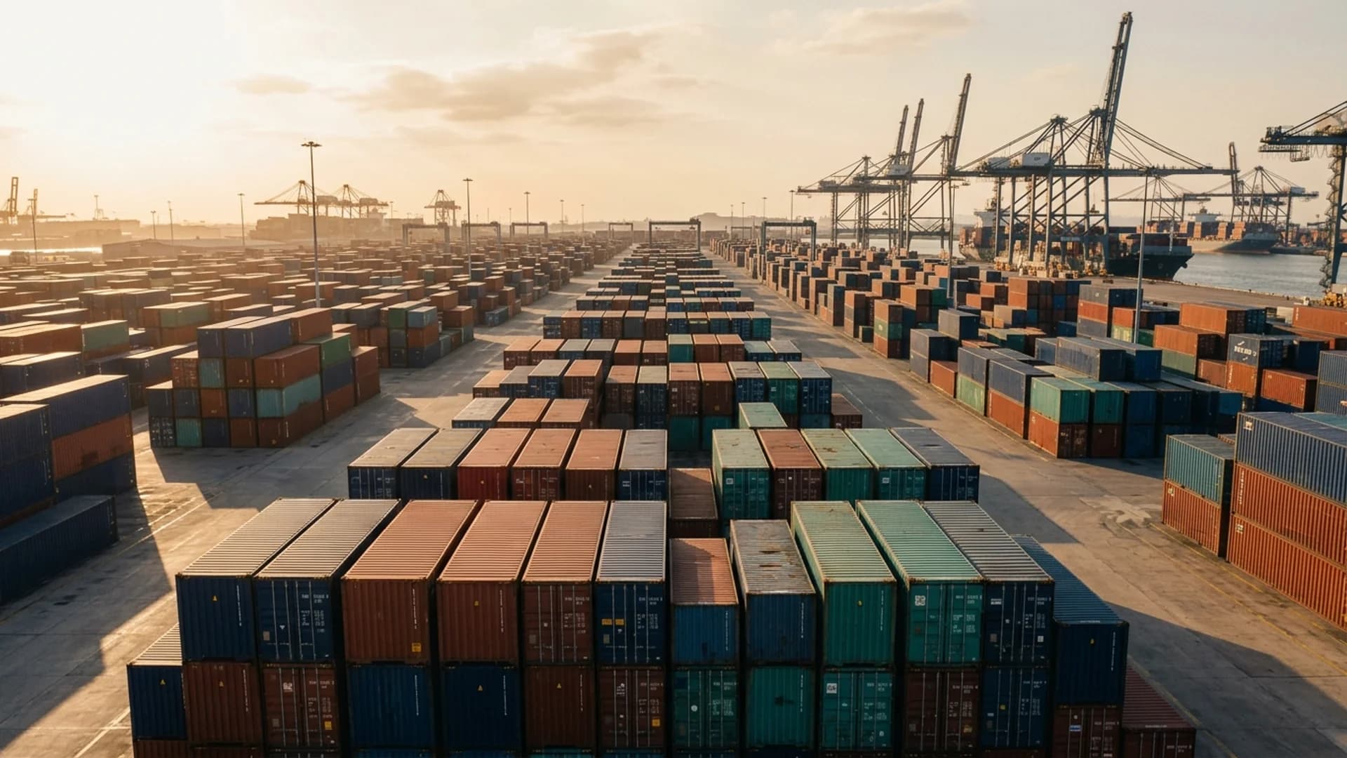 Vista aérea de contenedores apilados en terminal portuaria, golden hour