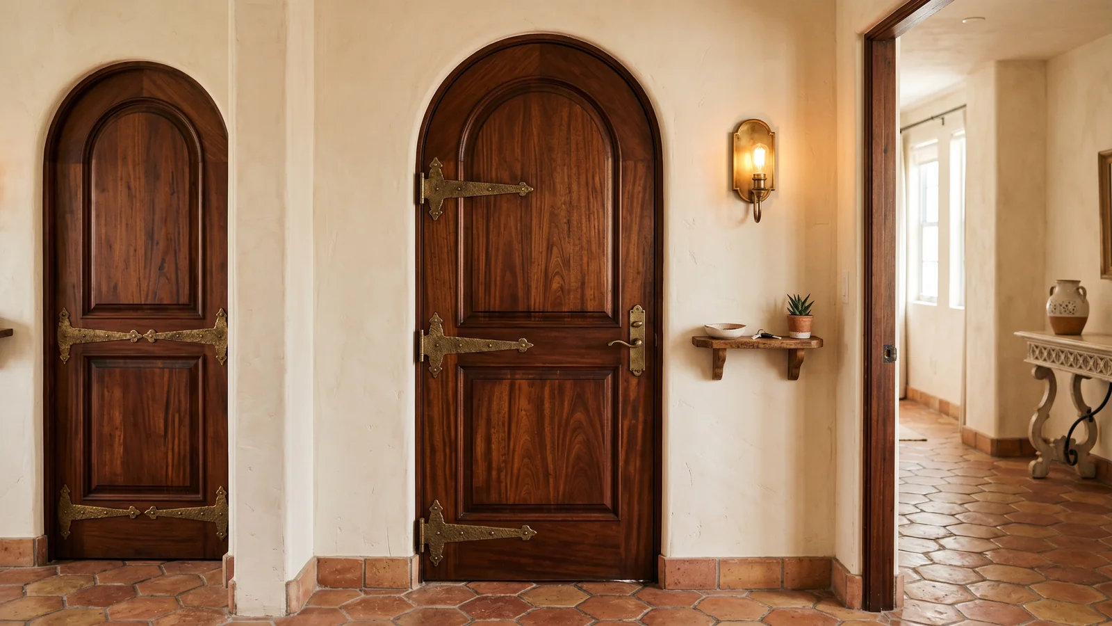 Entrada de habitación de hotel boutique en South Beach con puerta de caoba maciza personalizada con arco, bisagras de correa de bronce antiguo, piso de baldosa terracota, paredes de estuco crema, aplique de bronce vintage junto a la puerta