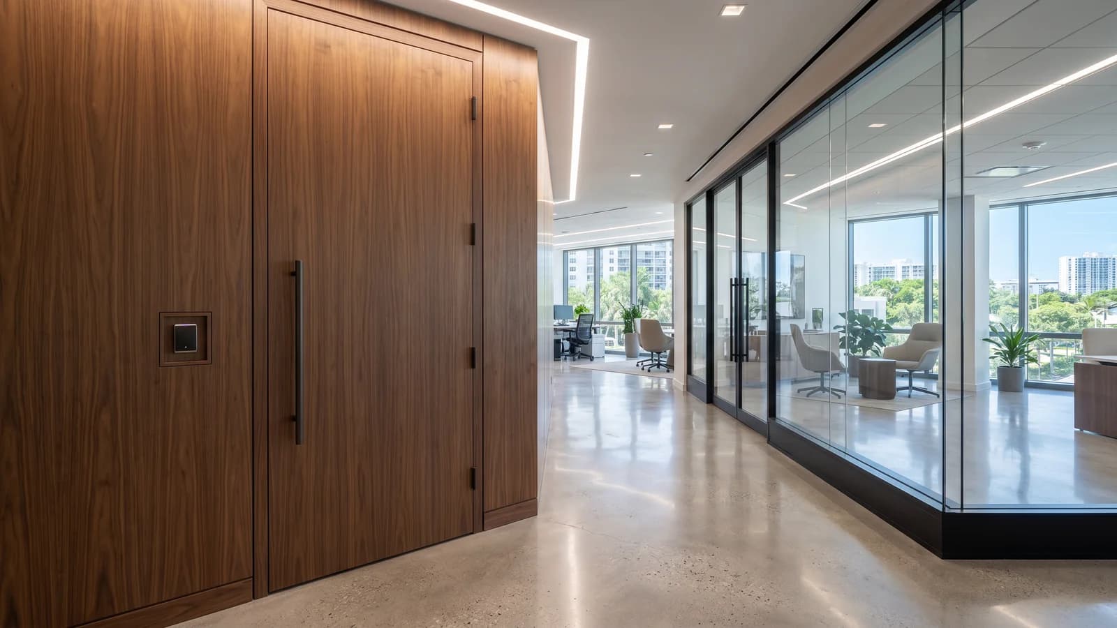 Oficina corporativa en Aventura con puertas interiores de chapa de nogal a tope, bisagras invisibles, panel de lector de tarjeta integrado, piso de concreto pulido, mampara de vidrio full-height, iluminación empotrada ambiental