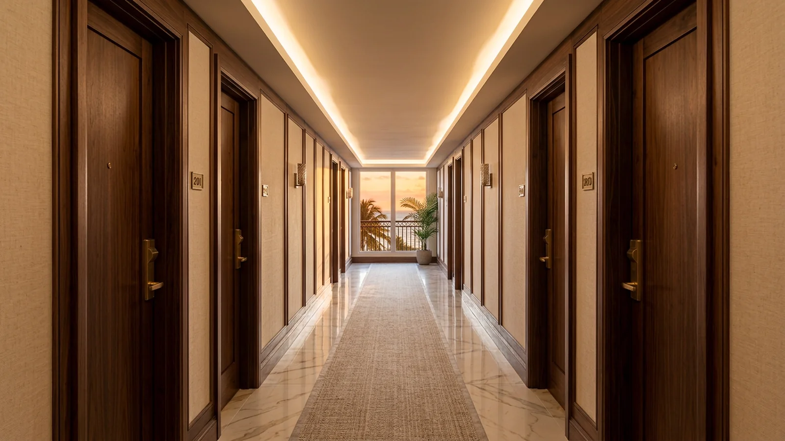 Pasillo largo de hotel boutique en Miami Beach con puertas interiores de nogal macizo, herrajes de palanca en bronce cepillado, iluminación indirecta cálida, piso de porcelanato gran formato, paredes de lino, luz dorada al fondo