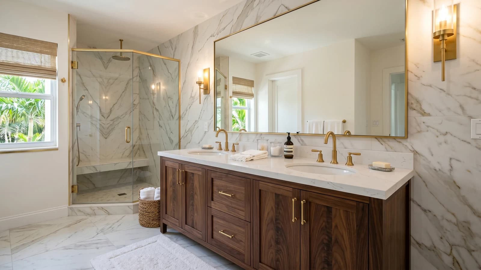 Luxury private residence bathroom in Coral Gables with a 72-inch custom walnut double vanity, matched grain doors, two oval sinks, polished brass fixtures, book-matched marble-look tile wall, frameless glass shower enclosure adjacent