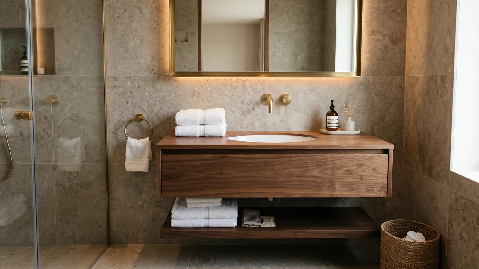 Luxury boutique hotel bathroom in Miami Beach with a floating walnut single-sink vanity, integrated drawer, oval undermount sink, brushed brass wall-mounted faucet, full-height stone-look tile, warm ambient lighting