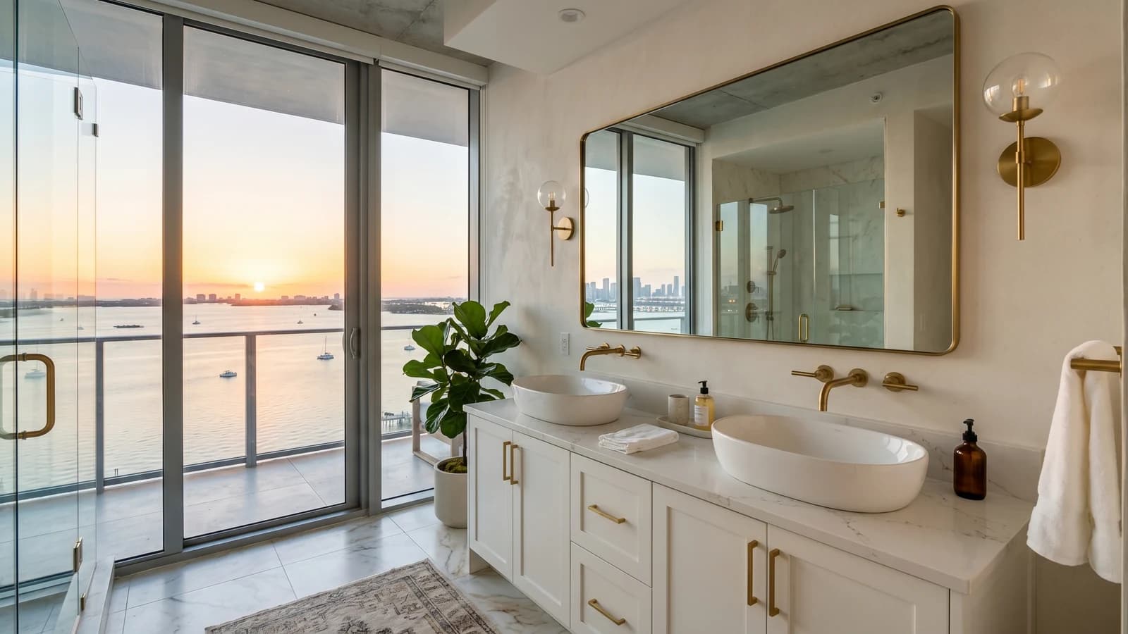 Luxury high-rise condo master bathroom in Brickell with a 60-inch painted double-sink vanity in soft white, shaker doors, soft-close hinges, quartz countertop, oval vessel sinks, brushed brass faucets, floor-to-ceiling windows with Biscayne Bay at golden hour