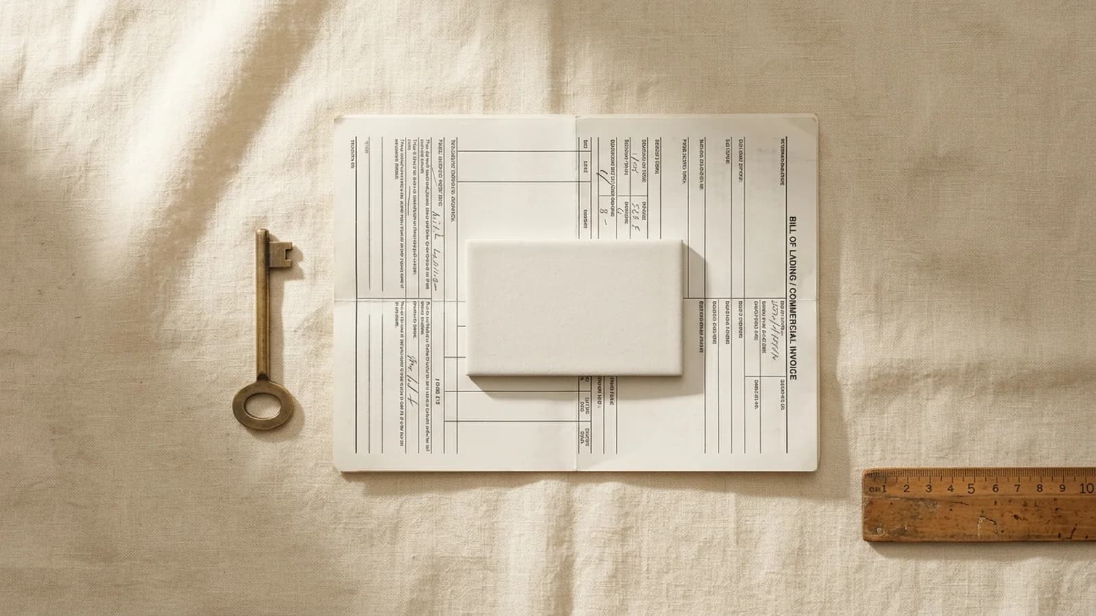 Documento de embarque con llave y regla sobre lino crema — bodegón de operaciones
