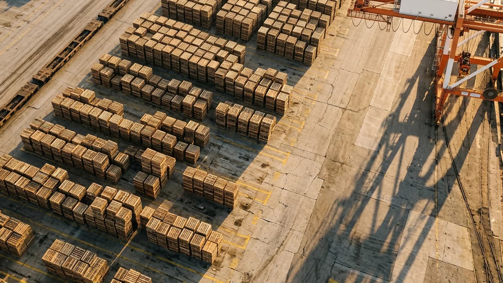 Vista aérea cenital de pallets en terminal portuaria con sombra de grúa al golden hour