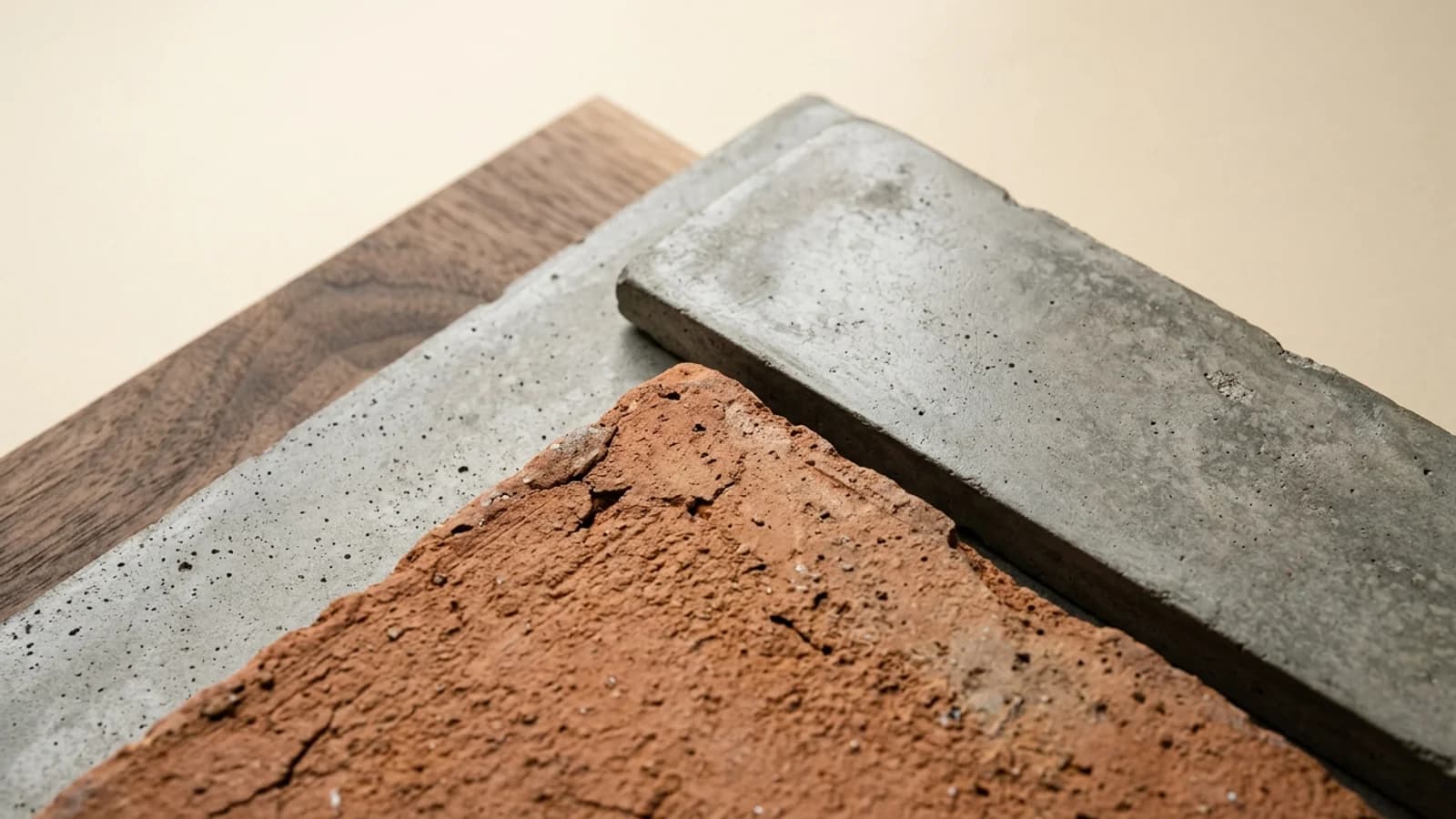 Macro abstracto de materiales de construcción en capas — walnut, concreto y terracota