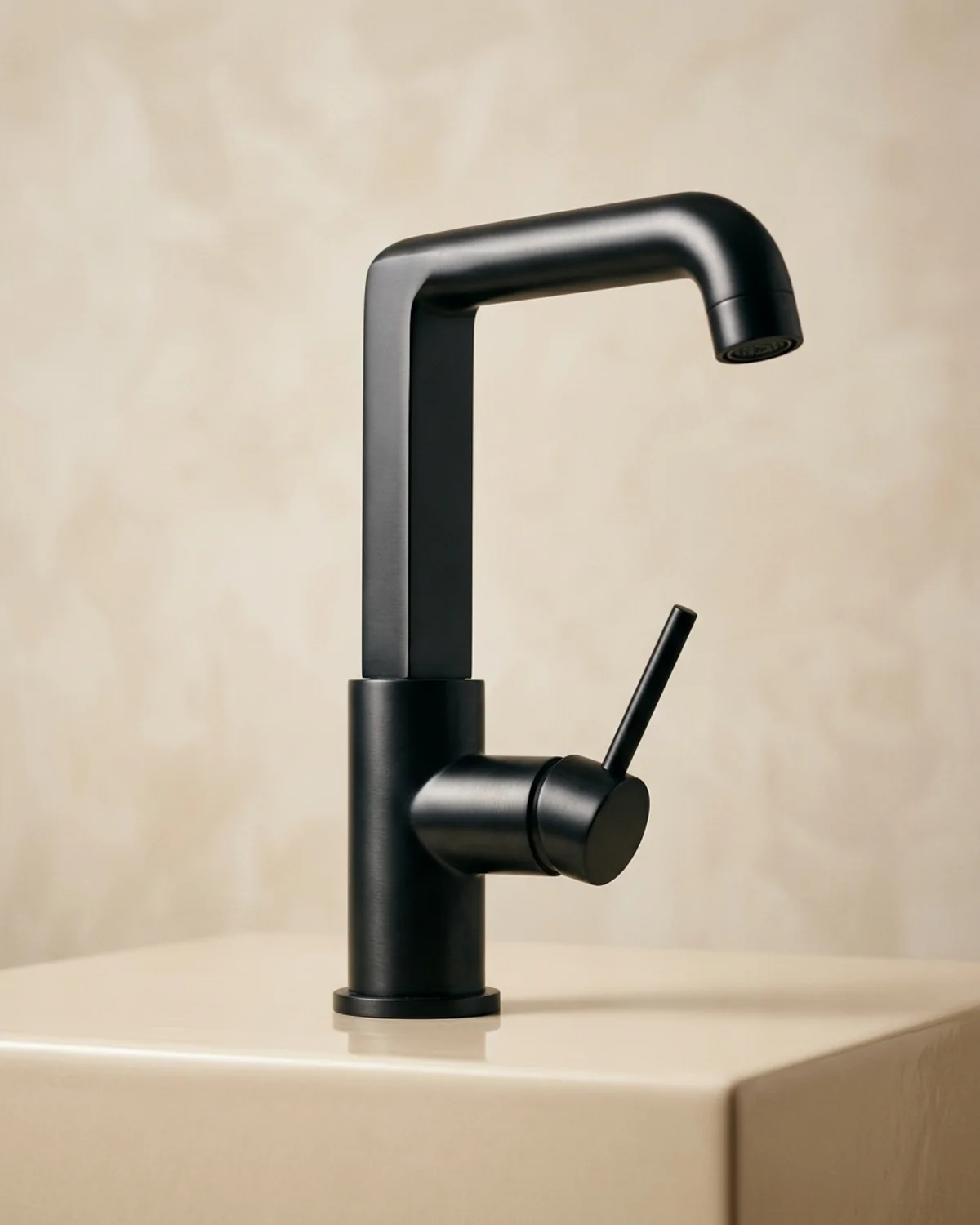 Grifería de cocina negro mate con geometría industrial minimalista