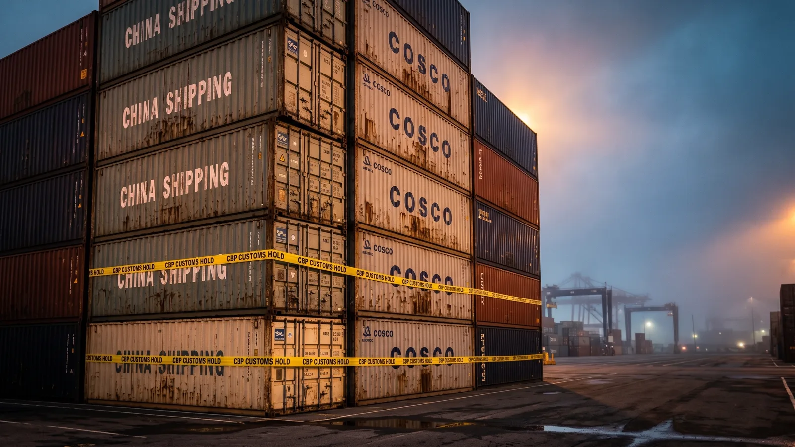Chinese shipping containers with US customs flags at a port, dramatic dawn light