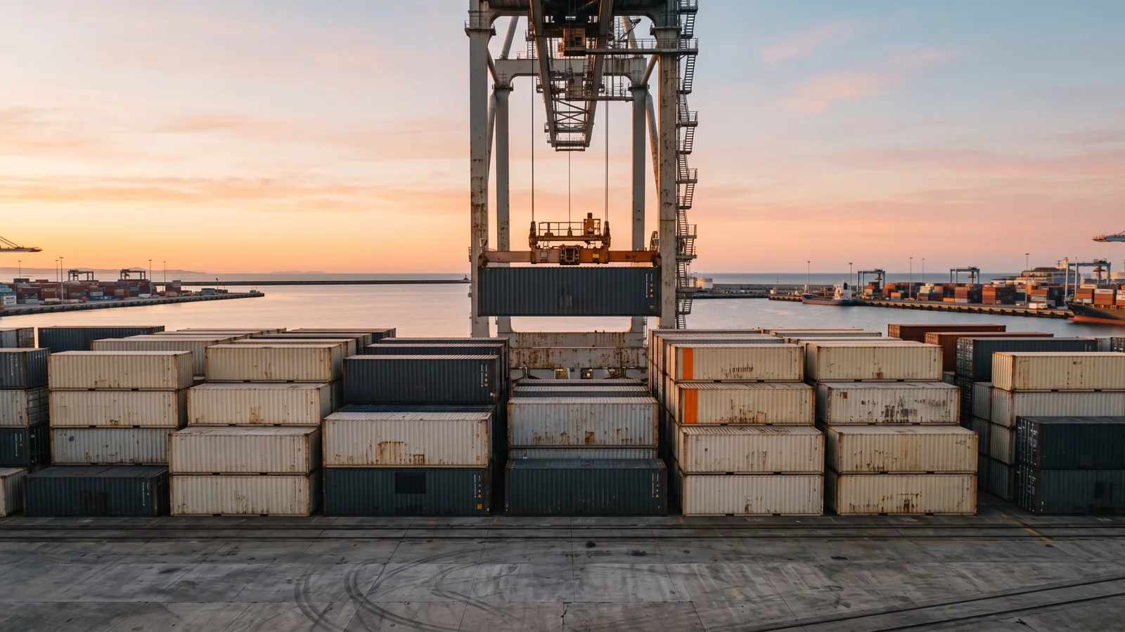Stacked shipping containers and gantry crane at port at dawn