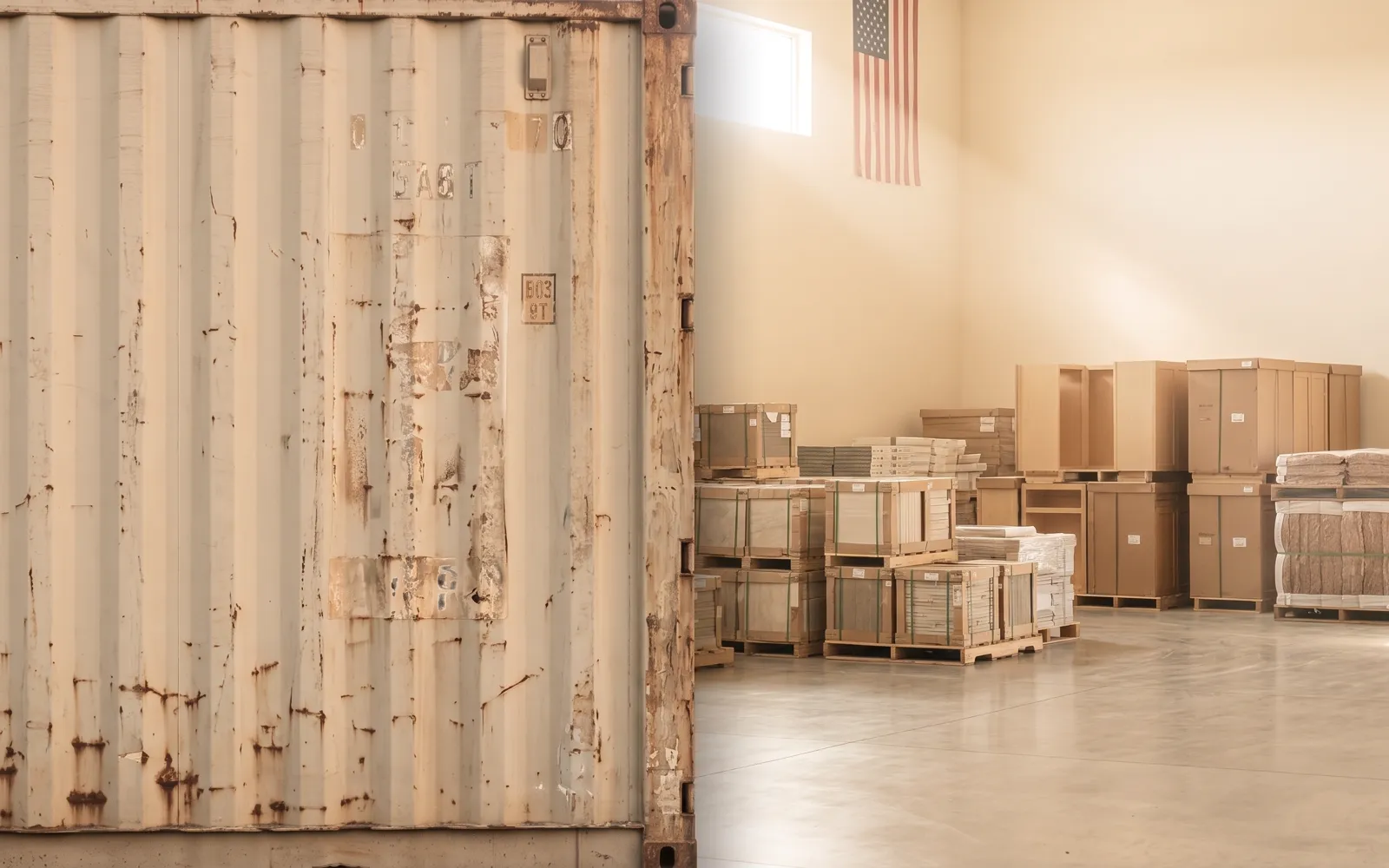 Foreign shipping container side-by-side with a US warehouse showing an American flag, cinematic dawn lighting