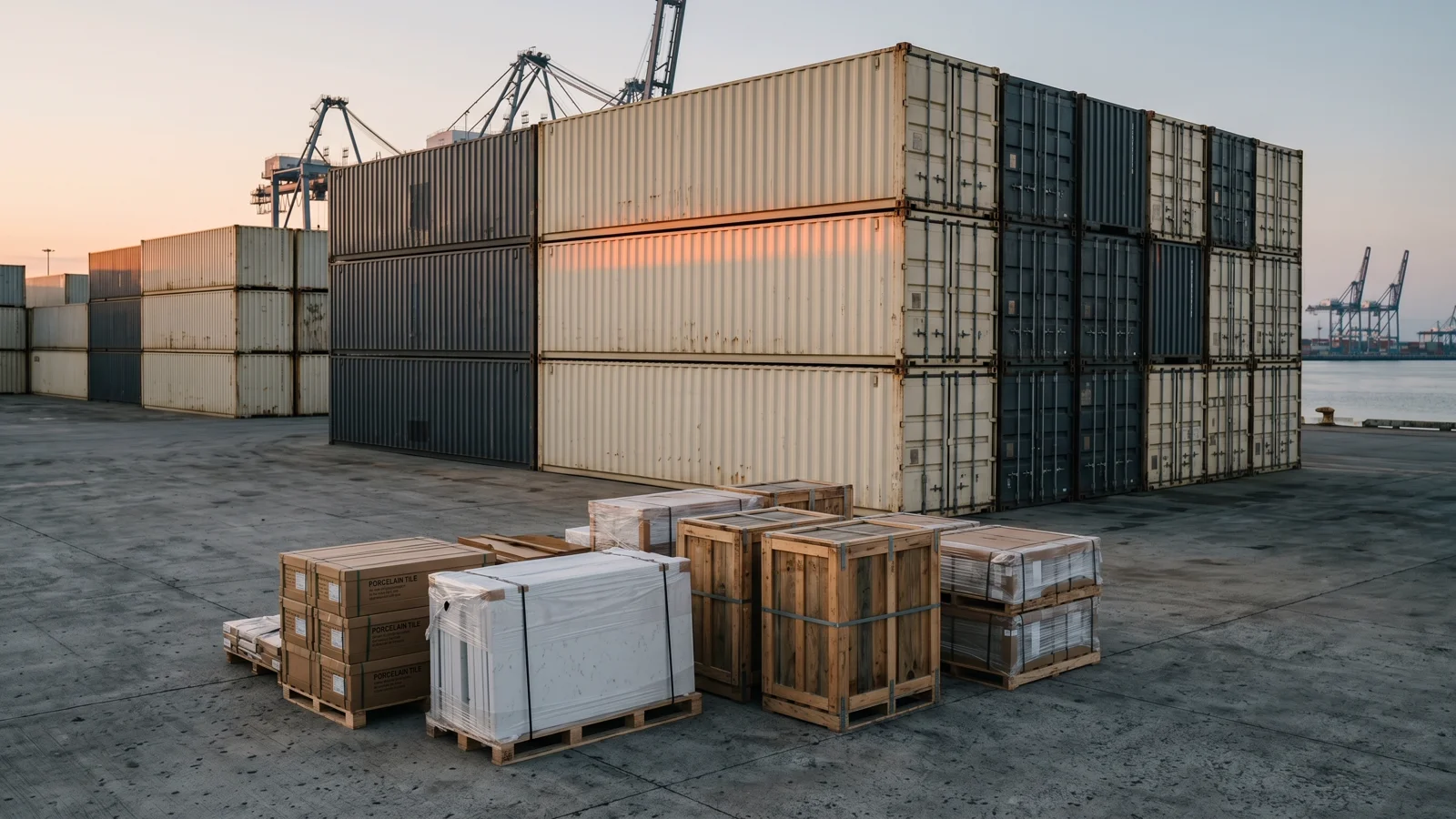 Stacked shipping containers and palettes of construction materials at a port at dawn