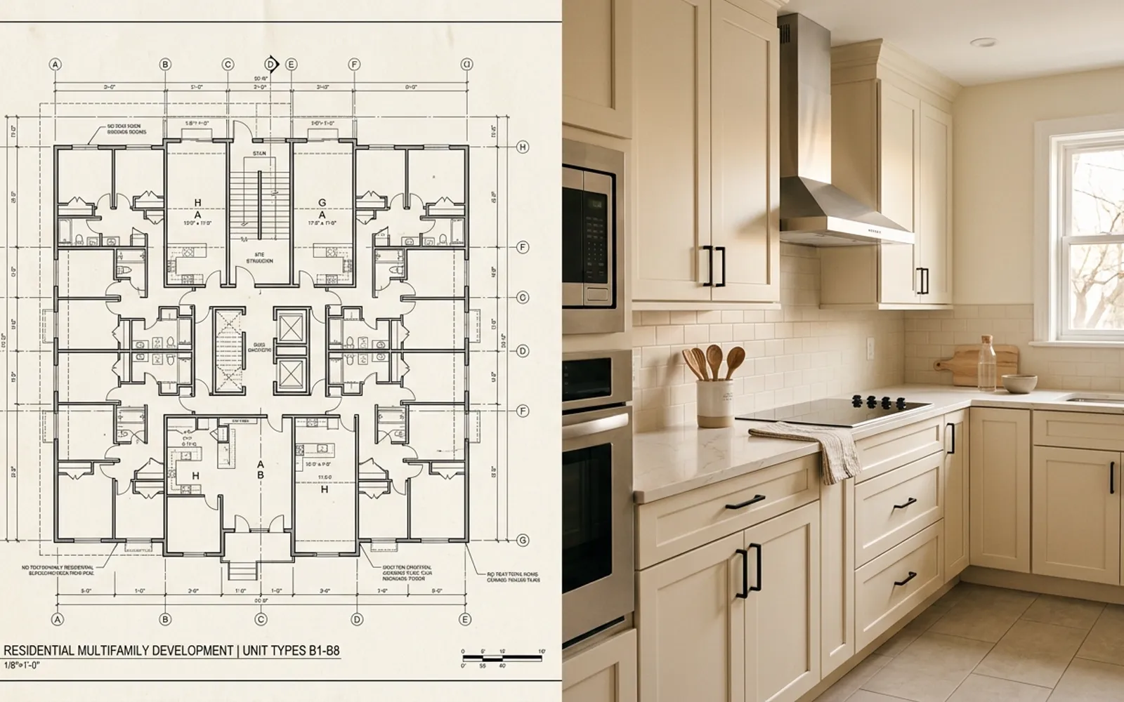 Architectural blueprint of a multifamily building next to a renovated interior, cream and ink palette