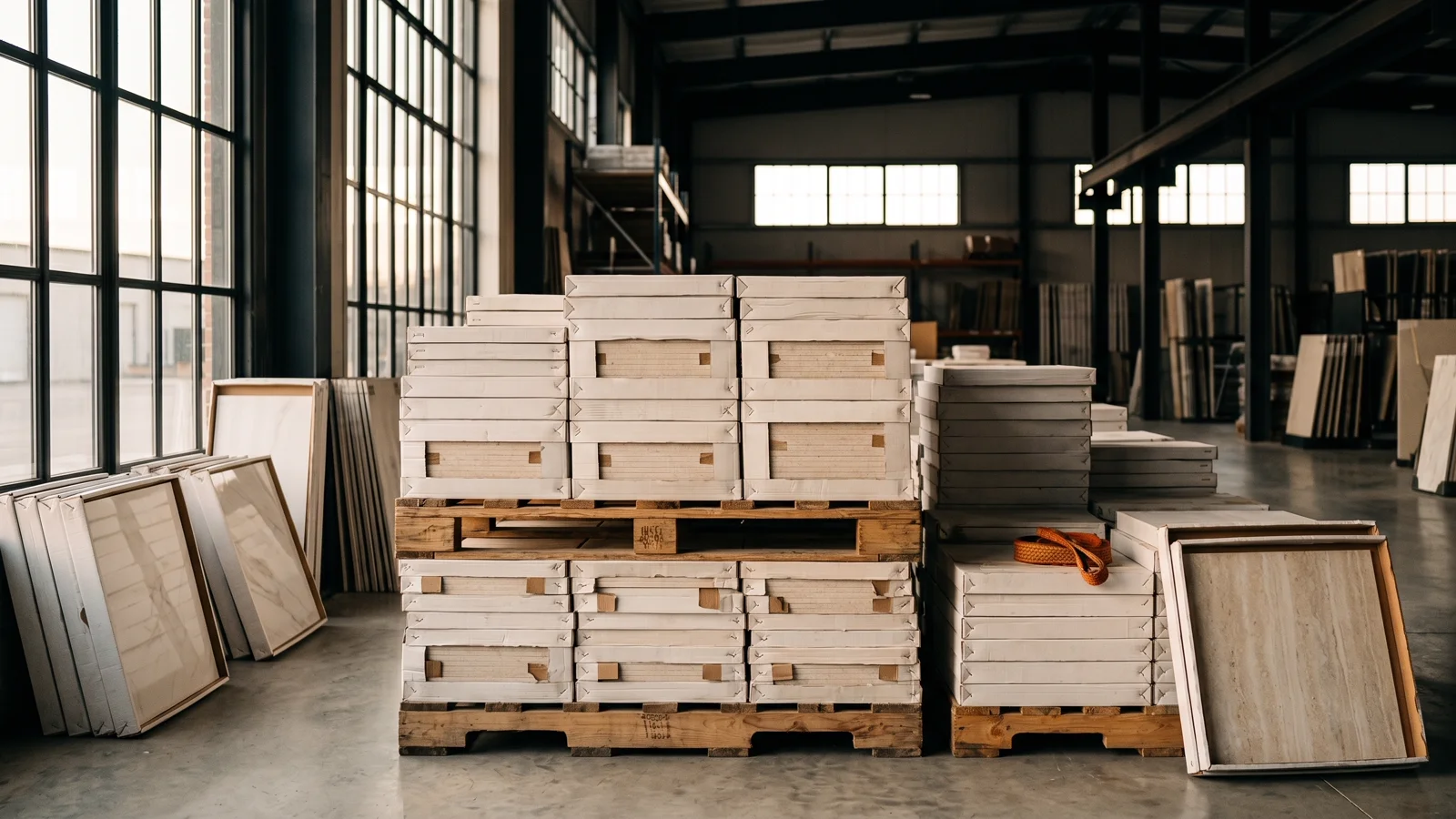 Palettes of porcelain tile in a warehouse at dawn