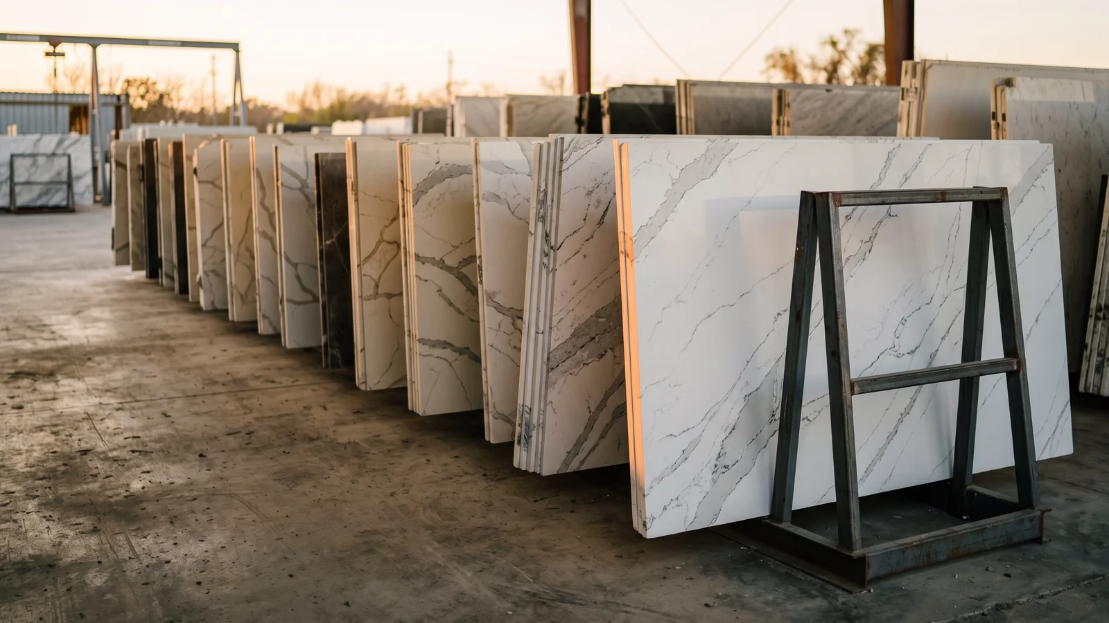Quartz slabs on A-frame racks at a stone yard at golden hour